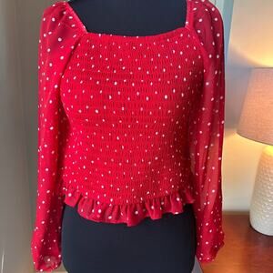 Art Class Smocked Long Sleeve Red with White Dots Top